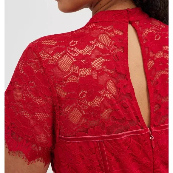 Torrid Mock Neck Fit & Flare Mini Dress Lace Jester Red Velvet Trim Plus Size 26 - Picture 13 of 16